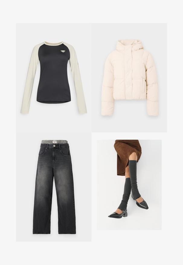 Beige puffer jacket with a hood, featuring a quilted design, snap buttons, and side pockets. Soft, padded texture for warmth.; Long-sleeve shirt with a black body and cream sleeves, featuring a logo on the chest and a subtle accent on one sleeve. Smooth fabric texture.; Black denim wide-leg jeans with a houndstooth patterned waistband. Features include front pockets and a button closure. Distressed texture.; Black patent leather pointed-toe shoes with a block heel and ankle strap, paired with gray ribbed leg warmers and a brown suede skirt.