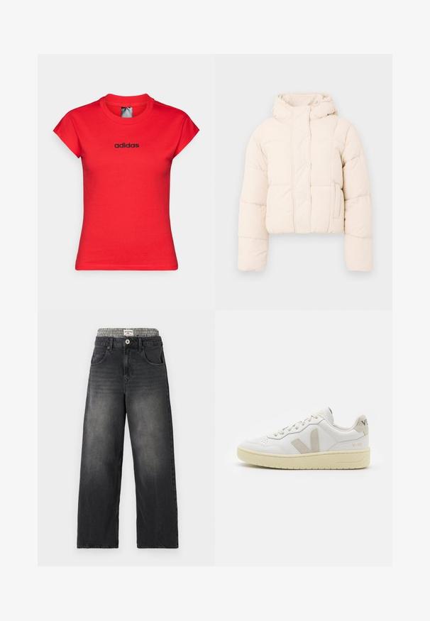 Béžová péřová bunda s kapucí, která má prošívaný design, patentky a boční kapsy. Měkká, polstrovaná textura pro zahřátí.; Červené přiléhavé tričko z bavlny s ohrnutými krátkými rukávy a černým logem "adidas" na hrudi. Hladká textura a kulatý výstřih.; Černé džíny s širokými nohavicemi a pasem s kostkovaným vzorem. Obsahují přední kapsy a zapínání na knoflík. Ošuntělá textura.; Bílé kožené tenisky s béžovými semišovými akcenty, perforovanou špičkou, plochými tkaničkami a strukturovanou krémovou podešví. Obsahují jemné logo na patě.