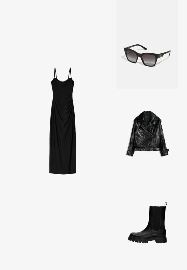 Crna kožna skraćena jakna za motocikliste s dvostrukim kopčanjem, velikim reverima, naglascima u obliku gumba i pojasom u struku. Glatka tekstura.; Crna midi haljina s tankim podesivim trakama, koja ima drapirani dizajn i glatku teksturu. Nema vidljivih uzoraka ili ukrasa.; Crne kožne gležnjače s elastičnim bočnim panelima, ručkom na poleđini i debelim, čvrstim potplatom. Glatka tekstura s modernim dizajnom.; Crne sunčane naočale s pravokutnim okvirom i degradiranim lećama. Imaju zlatni "DG" logo na sljepoočnici. Glatki plastični materijal.; Crna kožna torba s lukovitim oblikom, odvojivim remenom i zlatnim detaljima. Torba ima preklop s kopčom.