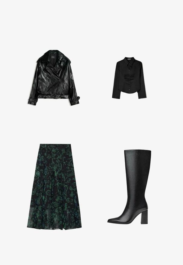 Svart lädercroppad bikerjacka med dubbelknäppt design, stora slag, knappdetaljer och bälte i midjan. Slät textur.; Svart långärmad skjorta i slätt tyg, med spetsig krage, framknappning och cropped nederkant med sidofrack.; Svart kjol med grönt blommönster, med volangkanter och veck. Tillverkad av lättviktsmaterial som ger en svävande silhuett.; Svart knähög stövel i faux läder med spetsig tå, slät yta och kraftig blockklack. Minimalistisk design utan synliga detaljer.