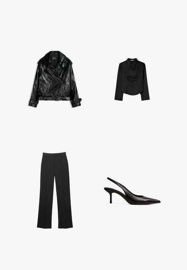 Sort læder cropped bikerjakke med dobbeltknaplukning, store kraver, knapdetaljer og belted liv. Glat tekstur.; Sort langærmet skjorte lavet af glat stof, med en spidse krave, frontlukning med knapper og en cropped kant med sidelæg.; Sorte bukser med lige ben lavet af et glat stof, der har en flad front, bæltestropper og ingen synlige lommer, med en skræddersyet pasform.; NA-KD Pumps - black