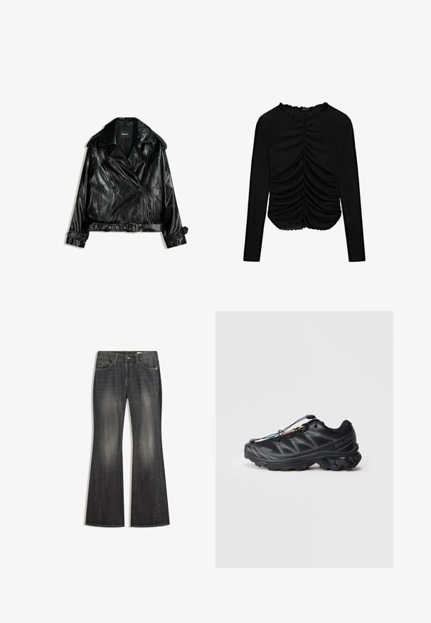 Black leather cropped biker jacket with a double-breasted design, large lapels, button accents, and a belted waist. Smooth texture.; Black long-sleeve top with a ruched design at the front and a scalloped neckline, made from soft, stretchy material.; Flared dark wash denim jeans with a slight fade, five pockets, and contrast stitching, featuring a standard button and zipper closure.; Black athletic shoe with a textured mesh upper, reinforced toe, and a quick-lace system. Features a rugged outsole and slight heel elevation.