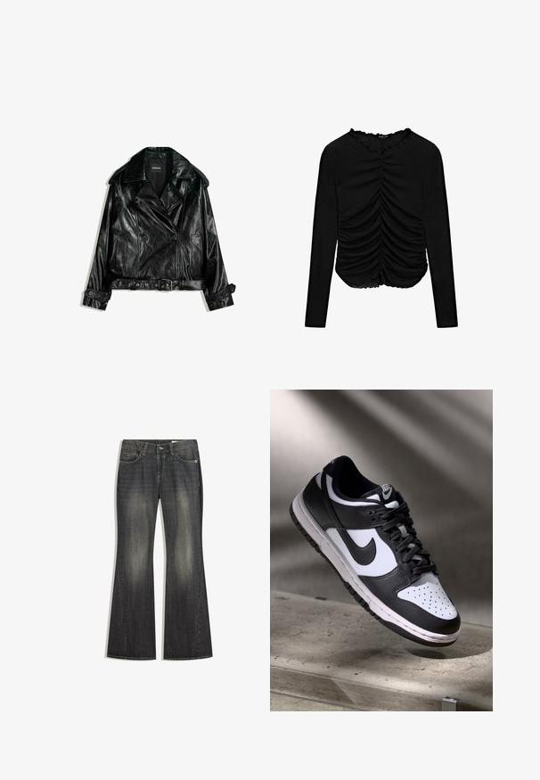 Sort læder cropped bikerjakke med dobbeltknaplukning, store kraver, knapdetaljer og belted liv. Glat tekstur.; Sort langærmet top med en rynket design foran og en bølget udskæring, lavet af blødt, strækbart materiale.; Sorte denim jeans med flared ben og en let falming, fem lommer og kontraststing, med standard knap og lynlås lukning.; Sorthvid Nike Dunk Low sneakers med læderoverdel, perforeret tåboks og sorte snørebånd, udstyret med en hvid sål og logo accenter.