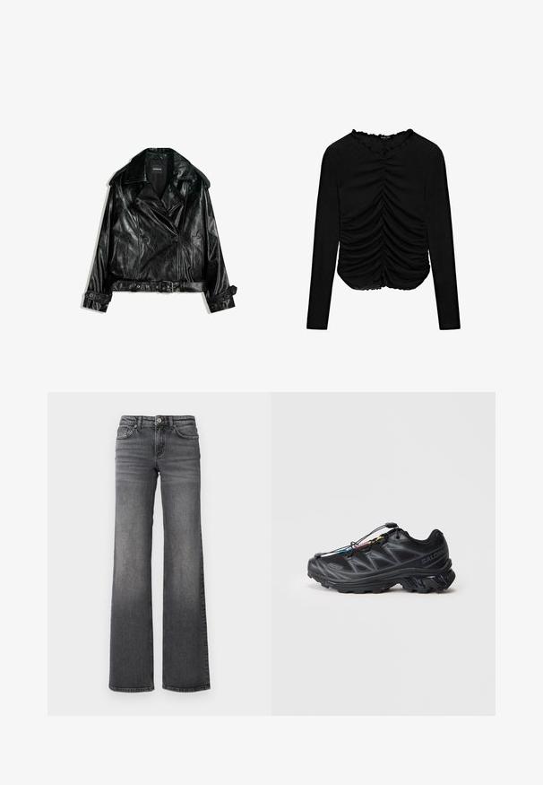 Svart lädercroppad bikerjacka med dubbelknäppt design, stora slag, knappdetaljer och bälte i midjan. Slät textur.; Svart långärmad topp med rynkad design fram och vågig halsringning, tillverkad av mjukt, stretchy material.; Rakt skurna, mörkgrå denimjeans med lätt blekning på låren och standard femfickorsdesign mot en vit bakgrund.; Svart atletiska skor med ett texturerat meshinert, förstärkt tån och ett snabblåsningssystem. Har en robust sula och lätt hälhöjning.