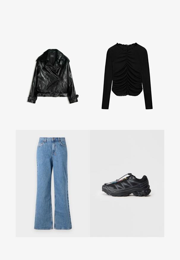 Zwarte leren cropped motorjack met een dubbele knopenrij, grote revers, knoopdetails en een ceintuur in de taille. Gladde textuur.; Zwarte longsleeve top met een geraffineerd ontwerp aan de voorkant en een golvende halslijn, gemaakt van zachte, rekbare stof.; Lichtblauwe denim wide-leg jeans met een hoge taille, voorzien van een knoop- en ritssluiting, zijzakken en een vervaagde textuur.; Zwarte sportieve schoen met een gestructureerd mesh bovenwerk, versterkte neus en een snel-vetersysteem. Beschikt over een robuuste buitenzool en een lichte hakverhoging.