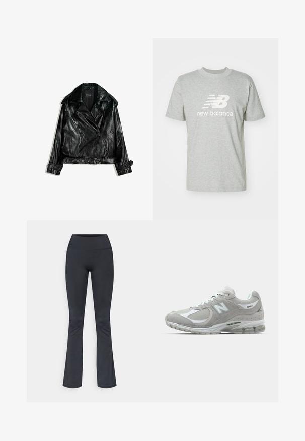 Sort læder cropped bikerjakke med dobbeltknaplukning, store kraver, knapdetaljer og belted liv. Glat tekstur.; Lys grå bomulds t-shirt med korte ærmer, rund halsudskæring og hvid "New Balance" logo, der er tydeligt vist foran.; Sorte leggings med vidde forneden lavet af elastisk materiale, med høj talje og sidelommer for funktionalitet. Glat tekstur, minimal detaljer.; Lysegrå New Balance 2002R sneakers har en overdel i ruskind og mesh, hvide detaljer, polstret sål og synlig støddæmpningsteknologi.