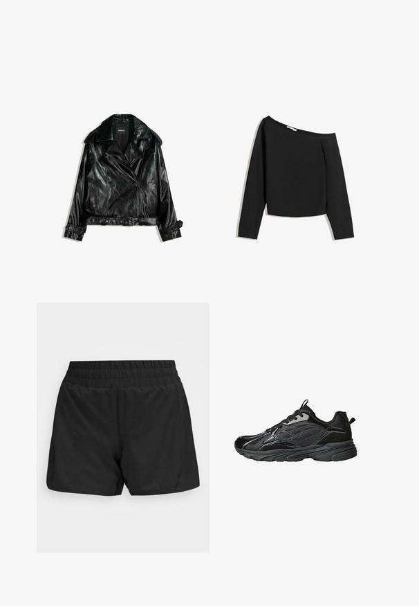 Crna kožna skraćena jakna za motocikliste s dvostrukim kopčanjem, velikim reverima, naglascima u obliku gumba i pojasom u struku. Glatka tekstura.; Crna majica s dugim rukavima koja se nosi bez ramena, napravljena od mekane tkanine. Ima skraćeni dizajn s širokim izrezom i uskim rukavima.; Crne atletske kratke hlače s elastičnom bojom, glatkom teksturom i bočnim džepovima. Imaju dužinu do sredine bedra i minimalistički dizajn.; Crne atletske cipele s mješovitim materijalima koji uključuju antilop i mrežu, teksturirane detalje, podstavljeni ovratnik i izdržljiv gumeni potplat.