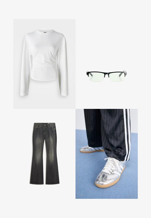Giubbotto biker in pelle nera, cropped, con design doppiopetto, ampie rever, dettagli con bottoni e vita con cintura. Texture liscia.; Camicia bianca a maniche lunghe realizzata in tessuto morbido. Presenta un design aderente con dettagli arricciati in vita e un collo rotondo.; Jeans in denim scuro a gamba svasata con una leggera sfumatura, cinque tasche e cuciture a contrasto, dotati di chiusura standard a bottone e zip.; Sneakers metallici argentati con lacci bianchi e tre strisce bianche, abbinati a pantaloni neri a righe sottili. Accent legato alla suola in gomma.; Occhiali da vista rettangolari neri con lenti trasparenti, dotati di montatura nera elegante e punte delle tempie grigie trasparenti. Design minimalista, senza marchi visibili.