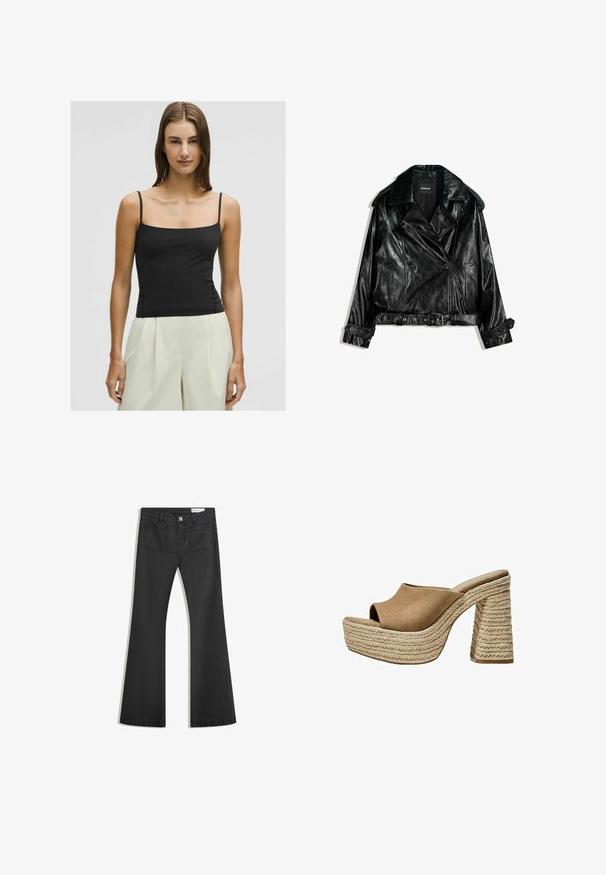 Crna kožna skraćena jakna za motocikliste s dvostrukim kopčanjem, velikim reverima, naglascima u obliku gumba i pojasom u struku. Glatka tekstura.; Crni top na bretele sa kvadratnim izrezom i prilagođenim krojem, napravljen od glatkog, laganog materijala. Uparen s blijedim, širokim hlačama.; Crne široke traperice od denima s glatkom teksturom, s dva stražnja džepa i kopčanjem na dugme u struku.; Smeđe antilopne platforme mule s otvorenom prstima, koje imaju čvrsti pleteni jutu potplat i glatki, zaobljeni gornji dizajn.