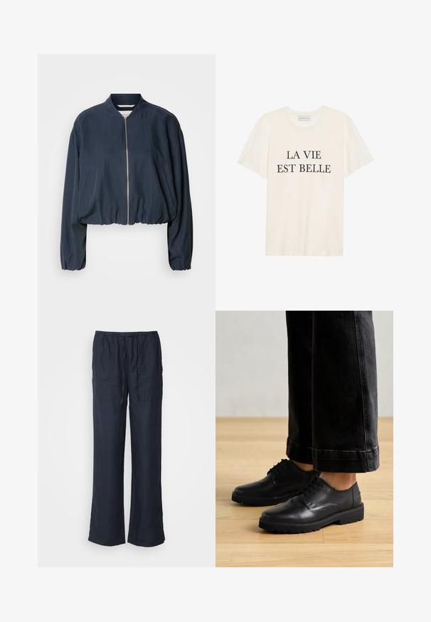 Námořnická bomber bunda se zipem, elastickým lemem a dlouhými rukávy. Obsahuje boční kapsy a hladký povrch.; Krémové bavlněné tričko s krátkým rukávem a kulatým výstřihem. Na přední straně se nachází černý text "LA VIE EST BELLE" umístěný uprostřed.; Marc O'Polo PANTS JOGGER STYLE STRAIGHT LEG MEDIUM WAIST DRAWSTRING - Kalhoty - deep blue sea; Černé kožené šněrovací boty s hladkým povrchem, zaoblenou špičkou a silnou gumovou podrážkou, zkombinované s zkrácenými tmavými džíny.