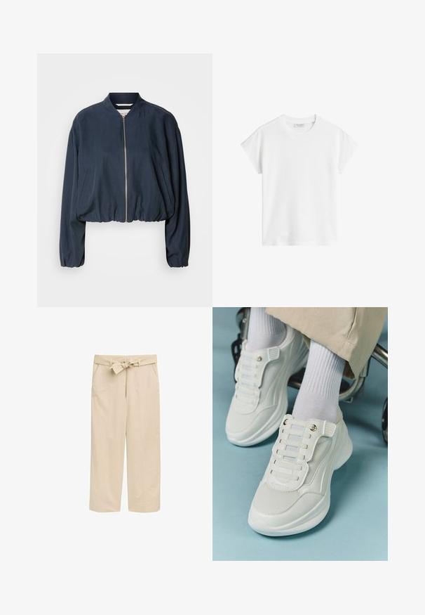 Giacca bomber navy con chiusura a zip, orlo elasticizzato e maniche lunghe. Dotata di tasche laterali e una texture liscia.; T-shirt bianco a maniche corte in cotone. Presenta una vestibilità morbida con scollatura rotonda e spalle leggermente cadenti. Senza fantasie o dettagli.; Pantaloni beige a gamba larga con una cintura testurizzata, dotati di due tasche laterali e orlo pulito. Realizzati in tessuto leggero per il massimo comfort.; Sneaker bianchi realizzati in materiale a rete, suola in gomma, design senza lacci con bande elastiche e dettagli in tonalità oro.