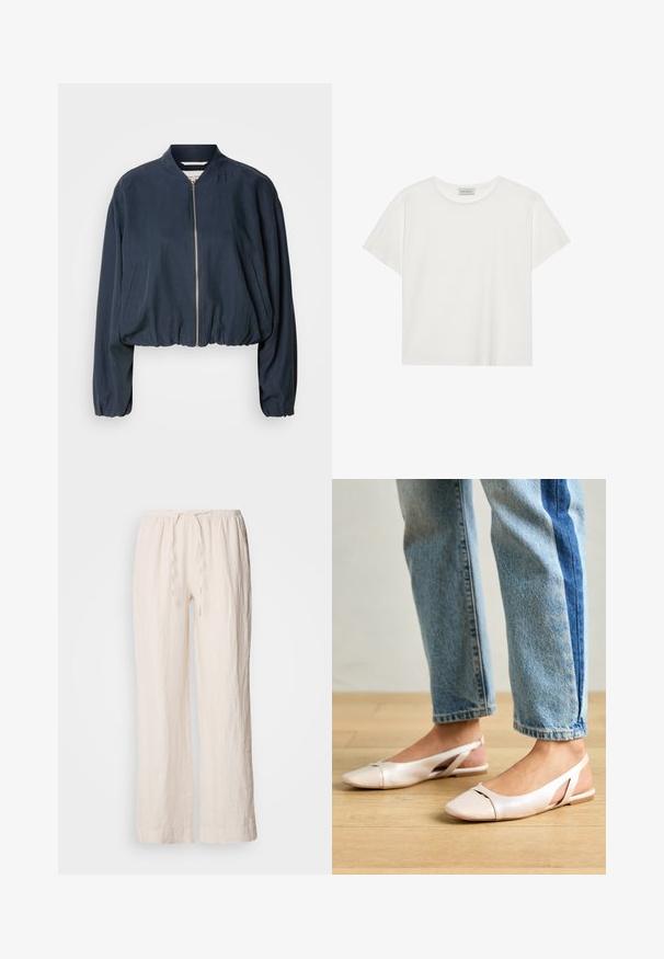 Navy bomber jacket with a zip closure, elasticated hem, and long sleeves. Features side pockets and a smooth texture.; White short-sleeve T-shirt made of soft cotton. Features a round neckline and relaxed fit. Clean design with no visible patterns or accents.; Linen, light beige wide-leg pants with an elastic waistband and drawstring detail. Features a textured, slightly wrinkled surface.; Pale pink slingback flats with a pointed toe, made from a smooth leather-like material. Features cut-out details at the sides and a flat heel.