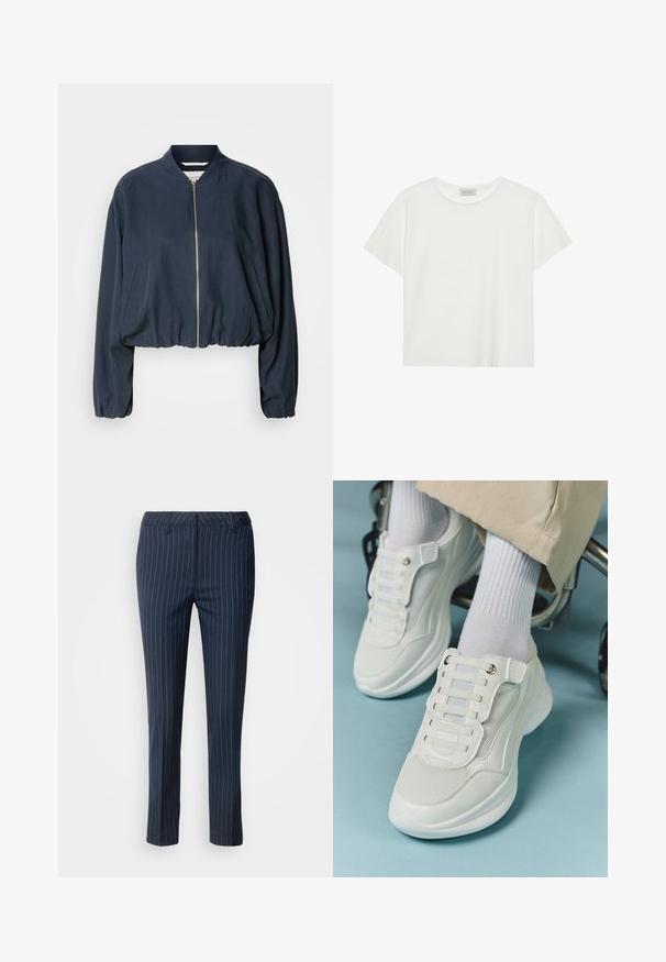 Navy bomber jacket with a zip closure, elasticated hem, and long sleeves. Features side pockets and a smooth texture.; White short-sleeve T-shirt made of soft cotton. Features a round neckline and relaxed fit. Clean design with no visible patterns or accents.; Navy pinstriped trousers made from woven fabric, featuring a tailored fit, straight leg design, and front pockets with a smooth texture.; White sneakers featuring a mesh material, rubber sole, lace-free design with elastic bands, and gold-toned accents.