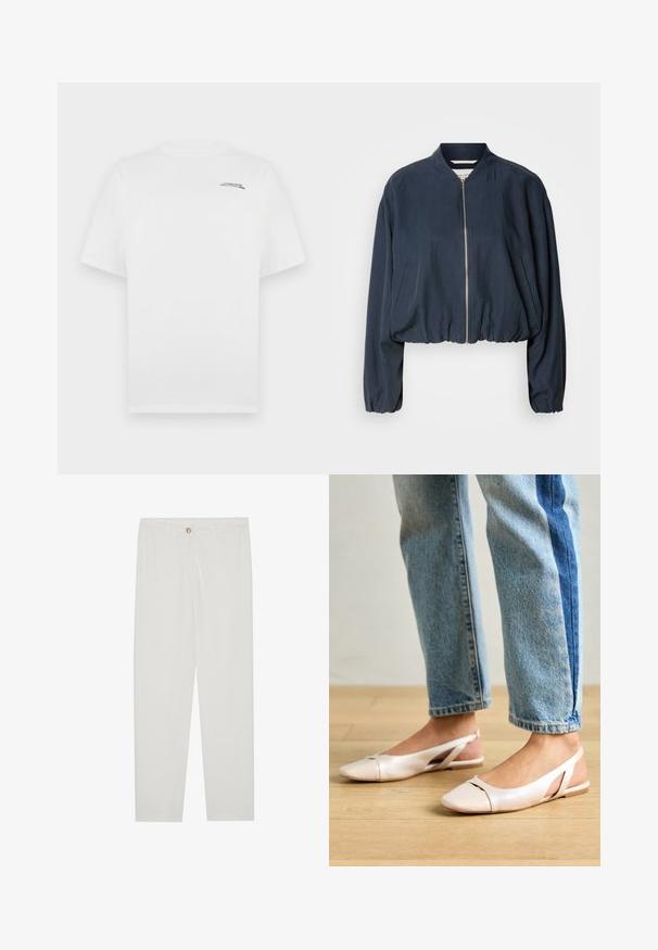 Chaqueta bomber de navy con cierre de cremallera, dobladillo elástico y mangas largas. Cuenta con bolsillos laterales y una textura suave.; Camiseta blanca de algodón con mangas cortas, cuello redondo y pequeño logotipo de texto negro en el lado izquierdo del pecho. Textura suave y corte estándar.; Pantalones blancos, ajustados, con un diseño de pierna recta, que cuentan con un cierre de botón, lazos para cinturón y bolsillos laterales; textura de tela suave.; Bailarinas de color rosa pálido con tiras traseras y punta puntiaguda, fabricadas con un material similar al cuero suave. Presentan detalles recortados en los laterales y un tacón plano.