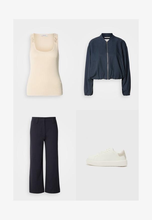 Marine bomberjack met een ritssluiting, elastische zoom en lange mouwen. Voorzien van zijzakken en een gladde textuur.; Beige mouwloze top van ribbeltextuur met vierkante halslijn en decoratieve hardware in goudkleur op de schouderbanden.; Wijd-zittende broek in donkerblauwe stof. Heeft een vlakke voorkant, riemlussen en zijzakken. Het materiaal is glad met een lichte stretch.; Witte lage sneakers met een gladde textuur, voorzien van een lichtbeige suède accent op de hiel en een dikke witte rubberen zool.