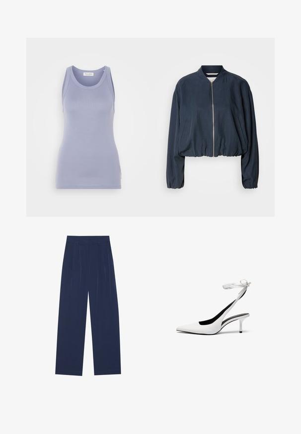 Navy bomber jacket with a zip closure, elasticated hem, and long sleeves. Features side pockets and a smooth texture.; Light lavender tank top with a fitted design, made from a smooth knit fabric. Features a round neckline and wide shoulder straps, minimal branding.; Navy blue wide-leg pants made of soft fabric, featuring front pleats, a smooth texture, and a straight fit with no visible pockets.; White pointed-toe slingback heels with a thin ankle strap. Smooth leather material, thin stiletto heel, and a black interior lining.