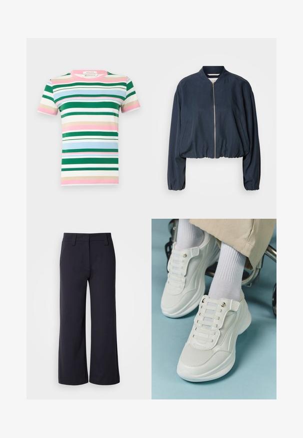 Navy bomber jacket with a zip closure, elasticated hem, and long sleeves. Features side pockets and a smooth texture.; Short-sleeve T-shirt in organic cotton featuring horizontal stripes in green, pink, blue, and beige. Crew neckline and relaxed fit.; Wide-leg trousers in dark navy fabric. Features a flat front, belt loops, and side pockets. The material is smooth with a slight stretch.; White sneakers featuring a mesh material, rubber sole, lace-free design with elastic bands, and gold-toned accents.