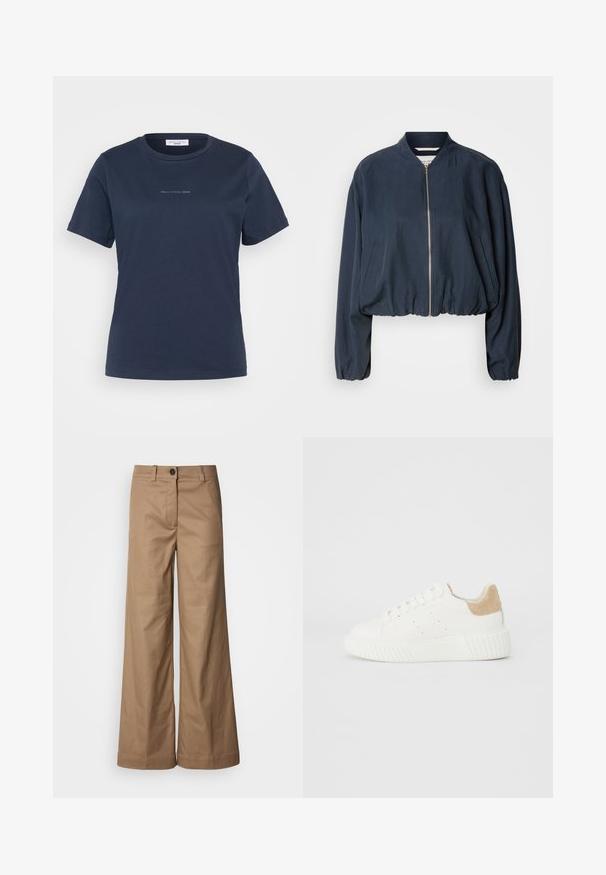 Jūrų jėgų bomberio striukė su užtrauktuku, elastingu apvadu ir ilgomis rankovėmis. Yra šoninės kišenės ir lygaus paviršiaus.; Tamsiai mėlynas trumpas rankovėmis marškinėliai, pagaminti iš medvilnės, su apvaliu iškirpimu ir maža „Mare O’Polo DENIM“ logotipu priekyje.; Platus kelnes, pagamintos iš lygaus, rusvos spalvos audinio. Yra priekinė sagtis, diržo kilpos ir šoninės kišenės. Švarios linijos, be matomų raštų.; Balti sportiniai bateliai su lygia odos viršūne, perforuotais elementais ir smėlio spalvos zomšos akcentu ant kulno. Savybė - stora, tekstūruota guma padanga.