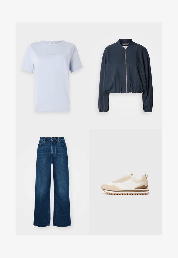 Tengerészete bombázó dzseki cipzárral, elasztikus derékkal és hosszú ujjakkal. Oldalsó zsebekkel és sima textúrával rendelkezik.; Világoskék, rövid ujjú póló, puha anyagból készült, kerek nyakkivágással és diszkrét logónyomattal. Egyszerű dizájn, laza szabás.; Magas derekú, széles szárú farmernadrág sötétkék denimből, sima tapintással, kontrasztos varrással és öt zsebes kialakítással. Elöl gombos záródás.; Beige és fehér alacsony szárú sportcipő, texturált talppal és saroknál húzófüllel, egy sima világos háttér előtt, oldalnézetből.