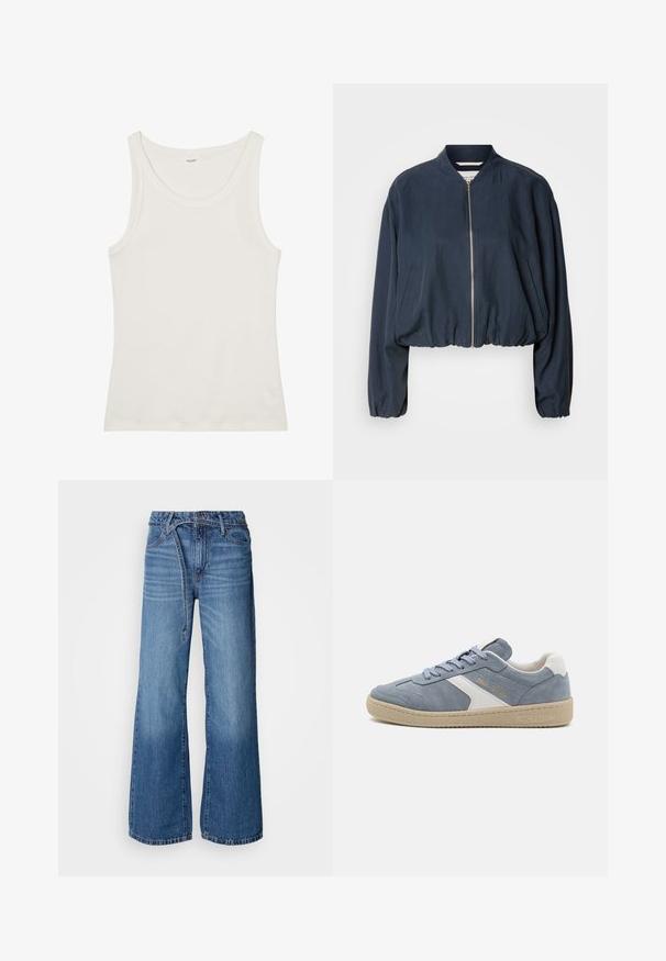 Navy bomber jacket with a zip closure, elasticated hem, and long sleeves. Features side pockets and a smooth texture.; White cotton tank top with a wide neckline and thin shoulder straps. Smooth texture with no visible patterns or embellishments.; Light blue wide-leg jeans made of denim. Features a high waist, visible stitching, and a tie belt. Faded texture towards the bottom.; Blue suede sneaker with white accents, round toe, and textured sole. Features light blue laces and gold branding on the side.