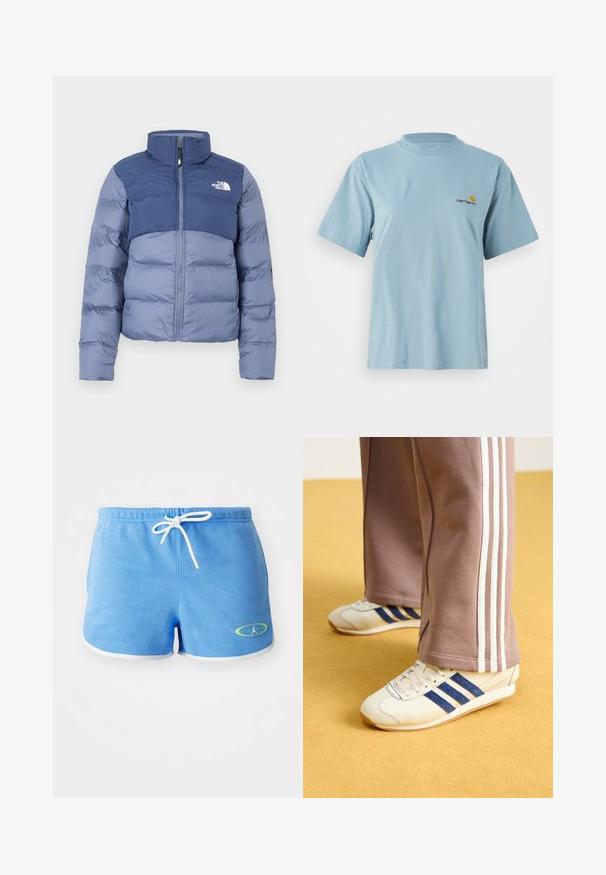 Pūķu jaka tumši un gaiši zilā krāsā ar rāvējslēdzēju priekšā un The North Face logo uz krūšu, paredzēta aukstiem laika apstākļiem.; Gaiši zils īsām piedurknēm kokvilnas T-krekls ar apaļu kaklu un mazu dzeltenu un sarkanu Carhartt logotipu uz kreisā krūtī.; Gaiši zili kokvilnas šorti ar baltu aukliņu, ar baltu apdari un zaļā tonī akcentētu logo kreisajā apakšējā stūrī.; Krēma krāsas kedas ar zilo zamšādu svītrām, baltām auklām un gumijas zoli. Apvienotas ar pelēkām sporta biksēm ar baltām sānu svītrām.