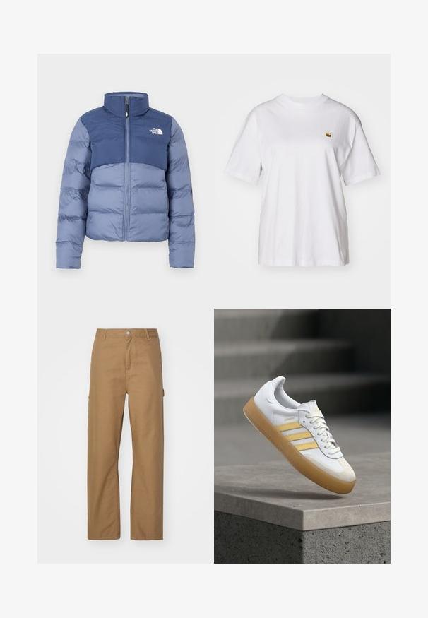 Puffer jacket in dark and light blue with a zipper front and The North Face logo on the chest, designed for cold weather.; White cotton t-shirt with a relaxed fit, short sleeves, and a small embroidered logo on the left chest area.; Tan, straight-leg trousers made of cotton blend fabric. Features a front button closure and two side pockets; smooth, matte texture.; White leather sneaker with yellow accents, three stripes, and a gum rubber sole. Features a rounded toe and textured tongue.