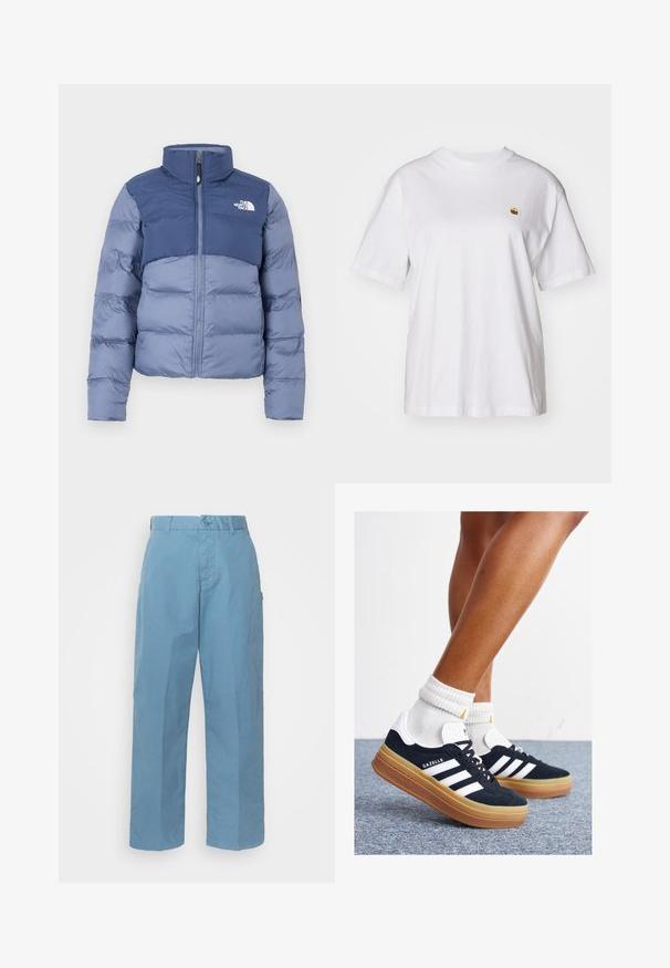 Puhasta jakna v temno in svetlo modri barvi z zadrgo spredaj in logotipom The North Face na prsih, zasnovana za hladno vreme.; Bela bombažna majica s sproščenim krojem, kratkimi rokavi in majhnim vezenim logotipom na levi strani prsnega predela.; Svetlo modri bombažni hlače z ravnim krojem, ki vključujejo gumbasto zapiranje, zanke za pas ter subtilno teksturo.; Črni antilop superge z belimi črtami in poudarki, okrogel prst, gumijasti podplat, kombinirane z belimi rebrastimi nogavicami.