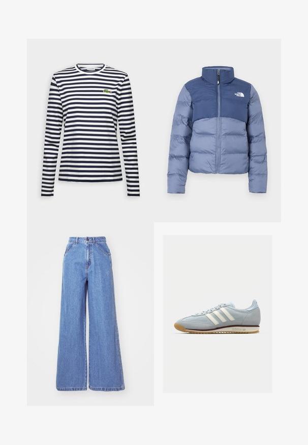 Pufferjacke in Dunkelblau und Hellblau mit frontalem Reißverschluss und dem The North Face-Logo auf der Brust, entworfen für kaltes Wetter.; Langärmliges T-Shirt mit horizontalen Navy- und weißen Streifen, runder Ausschnitt und gesticktem grünen Krokodil-Logo auf der Brust.; adidas Originals Jeans Straight Leg - light denim; Hellblaue Wildledersneaker mit weißen drei Streifen, Gummisohle und strukturiertem Mesh. Verfügt über eine glatte Zehenkappe und Branding an der Ferse.