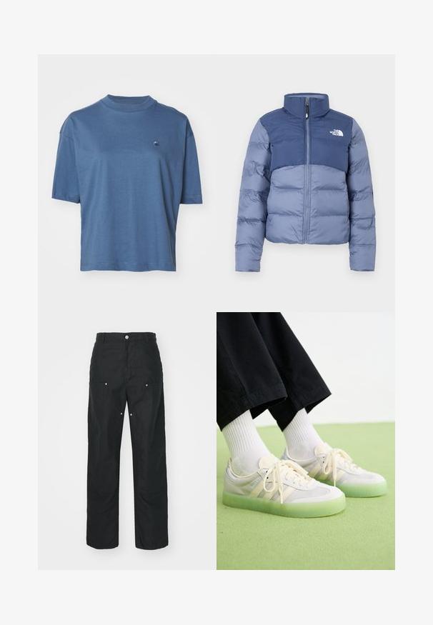 Pufferjack in donker- en lichtblauw met een rits aan de voorkant en het The North Face-logo op de borst, ontworpen voor koud weer.; Carhartt WIP CHESTER - T-shirt basic - positano; Zwarte broek met een rechte pijpdesign, gemaakt van een textuurstof. Bevat decoratieve zilveren hardware en unieke naaddetails.; Lichtgekleurde sneakers met een bovenwerk van suède en mesh, met drie zijstrepen, platte veters en een doorschijnende groene rubberen zool.