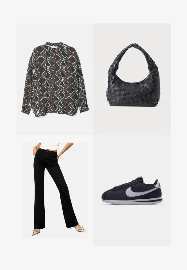 Kabát s motivem houndstooth v černé a krémové barvě s dlouhým, volným střihem. Obsahuje klopové límce a boční kapsy. Saténová podšívka.; Košile s potiskem na knoflíky s abstraktním vzorem v černé, bílé a červené barvě. Vyrobena z lehkého materiálu, má volný střih a dlouhé rukávy.; Černé zvonové džíny vyrobené z denimu, s předním zapínáním na knoflík a designem s pěti kapsami, vystavené na neutrálním pozadí.; Černá sportovní bota s šedými akcenty, hladký syntetický svršek, strukturovaná podrážka, zakulacená špička a ploché tkaničky. Klasický design s detailem loga.; Černá kožená tkaná taška přes rameno s zaoblenou rukojetí a měsíčkovým tvarem na jednobarevném pozadí.