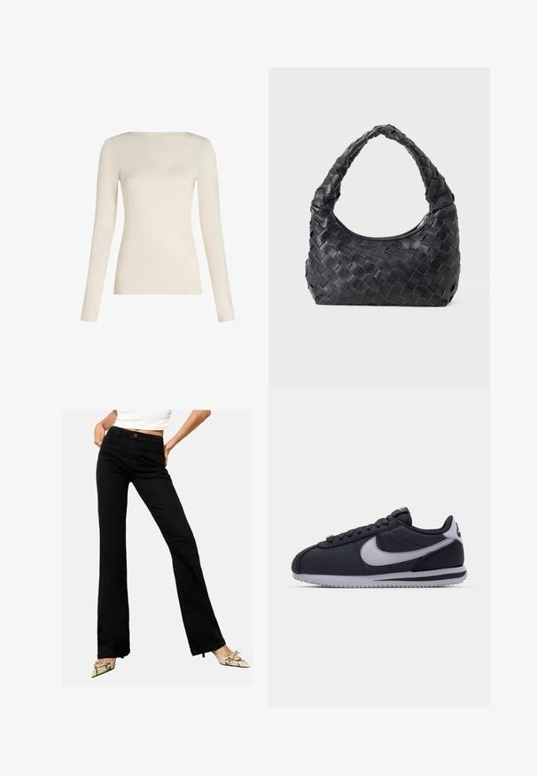 Houndstooth-patterned coat in black and cream with a long, relaxed fit. Features notched lapels and side pockets. Satin interior lining.; Long-sleeve top in off-white, made of soft fabric, featuring a round neckline and a fitted silhouette. Smooth texture with no patterns or accents.; Black flared jeans made of denim, featuring a front button closure and five-pocket design, displayed against a neutral background.; Black athletic shoe with gray accents, smooth synthetic upper, textured sole, rounded toe, and flat laces. Classic design with logo detail.; Black leather woven shoulder bag with a rounded handle and crescent-shaped body on a plain background.