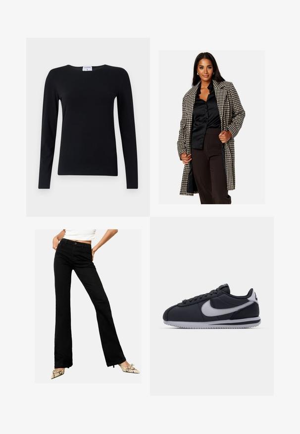 Hondstooth-patroon jas in zwart en crème met een lange, relaxte pasvorm. Beschikt over gekartelde revers en zijzakken. Satijnen binnenvoering.; Zwart shirt met lange mouwen van zachte stof, met een ronde hals, rechte snit en minimale naden voor een frisse uitstraling.; Zwarte flared jeans van denim, met een knoopsluiting aan de voorkant en een vijf-pocket ontwerp, weergegeven tegen een neutrale achtergrond.; Zwarte sportschoen met grijze accenten, gladde synthetische bovenkant, gestructureerde zool, ronde neus en platte veters. Klassiek ontwerp met logo-detail.