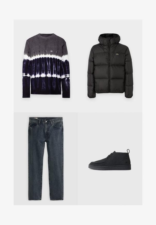 Černá péřová bunda s kapucí, se zapínáním na zip, prošívaným designem a malým zeleným logem na levé straně hrudi. Hladký, polstrovaný povrch.; Svetr s dlouhým rukávem, který má gradientní tie-dye vzor v odstínech šedé, černé a bílé; měkká textura a kulatý výstřih.; Tmavě modré džíny s rovnými nohavicemi, pěti kapsami a zapínáním na knoflíky. Tkanina vykazuje jemné blednutí a texturu.; Černé semišové kotníkové boty na šněrování s poutkem a texturovanou podrážkou, s malým reliéfním krokodýlím logem na boku.
