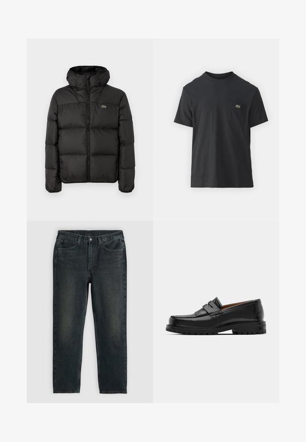 Μαύρο παλτό με κουκούλα, διαθέτει φερμουάρ, ραμμένο σχέδιο και μικρό πράσινο λογότυπο στη αριστερή πλευρά του στήθους. Λείος, γεμισμένος υφή.; Μαύρο βαμβακερό t-shirt με κοντά μανίκια, στρογγυλή λαιμόκοψη και μικρό πράσινο λογότυπο στην αριστερή τσέπη του στήθους. Απλός σχεδιασμός, κανονική εφαρμογή.; Μαύρα τζην παντελόνια με ίσια γραμμή, πέντε τσέπες και λεπτές φθορές. Διαθέτει κουμπί και φερμουάρ.; Μαύρες δερμάτινες μοκασίνες με ανυψωμένη ραφή, δύο διακοσμητικές λωρίδες στο άνω μέρος και παχύ υφή στη σόλα για πρόσθετη πρόσφυση.