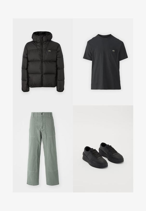 Czarna kurtka puchowa z kapturem, z zamkiem błyskawicznym, pikowanym wzorem i małym zielonym logo na lewej piersi. Gładka, wyściełana faktura.; Czarna bawełniana koszulka z krótkim rękawem, okrągłym dekoltem i małym zielonym logo na lewej kieszeni piersiowej. Prosty design, regularny krój.; Zielone spodnie cargo o luźnym kroju, z kieszeniami naszytymi, kontrastowymi szwami, z przodu zapinane na guzik oraz prostą nogawką.; Czarne sneakersy wykonane z gładkiej skóry z amortyzującą podeszwą. Wśród cech znajdują się płaskie sznurowadła, perforacje na nosku oraz smukła sylwetka.