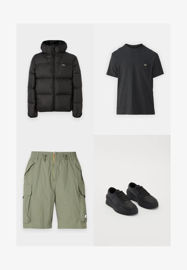 Melnā pūkainā jaka ar kapuci, ar rāvējslēdzēju, kviltotā dizainā un nelielu zaļu logotipu kreisajā krūšu pusē. Gluda, polsterēta tekstūra.; Melnas kokvilnas T-krekls ar īsām piedurknēm, apaļu kakla izgriezumu un mazu zaļu logotipu kreisajā krūšu kabatē. Vienkāršs dizains, regulāra piegriezuma.; Gaiši olīvu zaļas cargo šorti ar elastīgu jostu, auklu, divām sānu kabatām un logo plāksteri uz labās kājas. Viegls audums.; Melnas kedas, izgatavotas no gludas ādas, ar mīkstu zoli. Iespējas ietver plakanu auklu, perforācijas uz pirksta un elegantu siluetu.