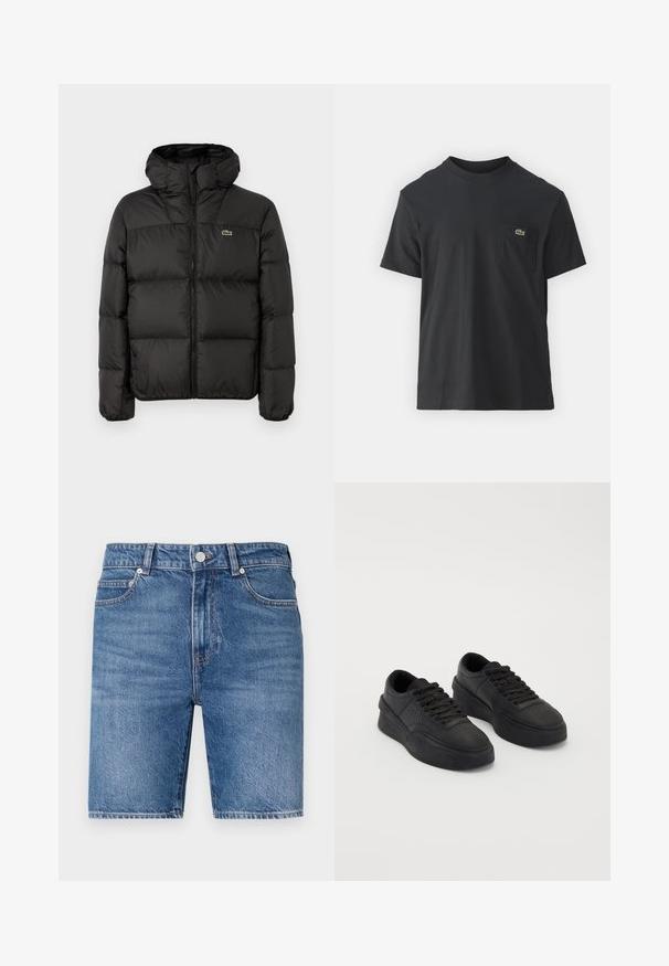 Črna puhovka s kapuco, z zadrgo, prešito zasnovo ter majhnim zelenim logotipom na levem prsnem delu. Gladka, oblazinjena tekstura.; Črna bombažna majica s kratkimi rokavi, okroglo ovratnikom in majhnim zelenim logotipom na levem žepu. Preprost dizajn, redna prileganje.; Denim kratke hlače v srednji modri odtenek z ravnim krojem, pet-žepno zasnovo in zapiranjem s zgornjim gumbom. Imajo kontrastno šivanje.; Črne teniske iz gladkega usnja z oblazinjeno podplatom. Lastnosti vključujejo ravne vezalke, perforacije na konici ter eleganten silhuet.