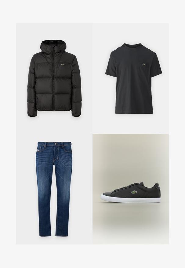 Μαύρο παλτό με κουκούλα, διαθέτει φερμουάρ, ραμμένο σχέδιο και μικρό πράσινο λογότυπο στη αριστερή πλευρά του στήθους. Λείος, γεμισμένος υφή.; Μαύρο βαμβακερό t-shirt με κοντά μανίκια, στρογγυλή λαιμόκοψη και μικρό πράσινο λογότυπο στην αριστερή τσέπη του στήθους. Απλός σχεδιασμός, κανονική εφαρμογή.; Σκούρο μπλε τζιν παντελόνι με ίσια γραμμή, που διαθέτει σχέδιο με πέντε τσέπες, ορατή ραφή και μεταλλικό κουμπί στη μέση.; Μαύρα δερμάτινα sneakers με λευκή καουτσούκ σόλα, με χαρακτηριστικό το πράσινο λογότυπο κροκόδειλου και στρογγυλά κορδόνια, κομψός σχεδιασμός με λείο υφή.