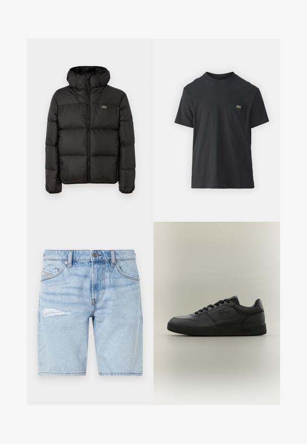 Crna puffer jakna s kapuljačom, sa zatvaranjem na zip, kviltanim dizajnom i malim zelenim logom na lijevoj strani prsnog koša. Glatka, podstavljena tekstura.; Crna pamučna majica s kratkim rukavima, okruglim izrezom i malim zelenim logotipom na lijevoj strani džepa. Jednostavan dizajn, regularni kroj.; Svijetloplave traper kratke hlače s izblijedjelim pranjem, s poderanim detaljem na lijevom bedru i klasičnim dizajnom s pet džepova. Metalna kopča.; Crne kožne tenisice s glatkom teksturom, zaobljenim vrhom, ravnim vezicama i suptilnim LOGO-om s bočne strane. Minimalistički dizajn s čvrstim potplatom.