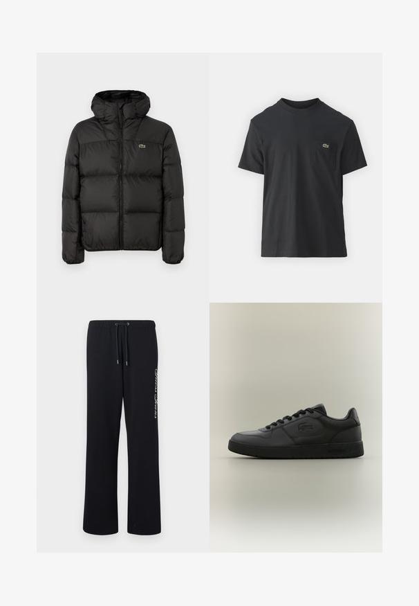Melnā pūkainā jaka ar kapuci, ar rāvējslēdzēju, kviltotā dizainā un nelielu zaļu logotipu kreisajā krūšu pusē. Gluda, polsterēta tekstūra.; Melnas kokvilnas T-krekls ar īsām piedurknēm, apaļu kakla izgriezumu un mazu zaļu logotipu kreisajā krūšu kabatē. Vienkāršs dizains, regulāra piegriezuma.; Melnas bikses no mīksta materiāla ar elastīgu jostu un saites. Vienā pusē ir balti uzdrukāts teksts.; Melnas ādas tenisa apavi ar gludu tekstūru, noapaļotu purngalu, plakanu šņorēm un diskrētu logo sānos. Minimalistisks dizains ar izturīgu zoli.