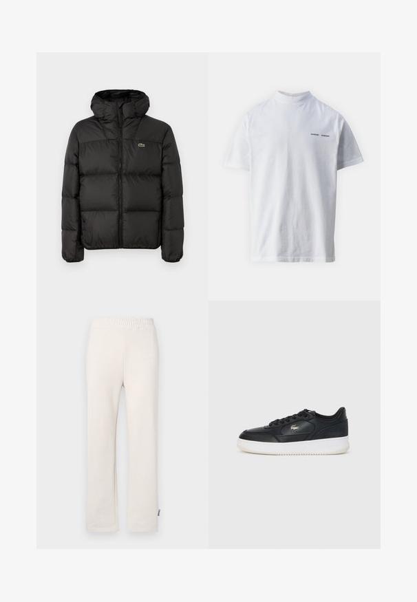 Sort pufferjakke med hætte, der har lynlås, kviltet design og et lille grønt logo på venstre bryst. Glat, polstret tekstur.; Hvid bomulds t-shirt med høj halsudskæring og korte ærmer. Har "SAMSØE SAMSØE" logo i sort på forsiden. Glat tekstur.; Beige bomulds-sweatpants med elastisk talje og broderet logo. Lige ben design med en glat tekstur og subtile syninger.; Sorte lædersneakers med hvid sål, der har en rund tå, snørebåndsdesign og et diskret logo på siden. Teksturerede overskydende detaljer.