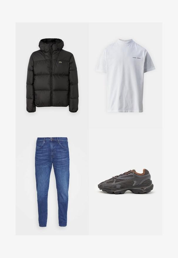 Must must jääpükste jakk kapuutsiga, millel on tõmblukk, tikandiga disain ja väike roheline logo vasakul rinnakorvil. Sile ja polsterdatud tekstuur.; Valge puuvillane t-särk kõrge kaelusega ja lühikeste varrukatega. Esipaneelil must "SAMSØE SAMSØE" logo. Sile tekstuur.; Tumedat sinised teksapüksid kitseneva lõikega, millel on viis taskut, nuppliides ja õrn hägusus reites. Sile tekstuur.; Tumed hallid Lacoste tossud, mis on valmistatud võrkkangast ja sünteetilisest materjalist, omavad tekstureeritud talla ning pruune aktsente kaeluse ja brändingu juures.