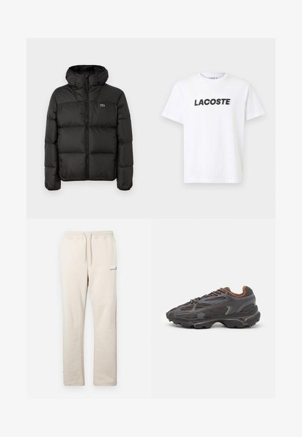 Black puffer jacket with a hood, featuring a zip closure, quilted design, and a small green logo on the left chest. Smooth, padded texture.; White cotton t-shirt featuring a prominent black "LACOSTE" logo across the chest. Short sleeves and a crew neck design.; Beige sweatpants made of soft material, featuring an elastic waistband with drawstring, straight legs, and small blue logo detail.; Lacoste sneakers in dark gray with mesh and synthetic material, featuring a textured sole and brown accents on the collar and branding.