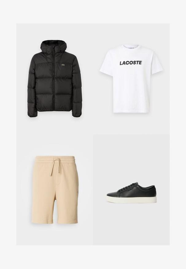 Schwarze Steppjacke mit Kapuze, mit einem Reißverschluss, gestepptem Design und einem kleinen grünen Logo auf der linken Brust. Glatte, gepolsterte Textur.; Weißes Baumwoll-T-Shirt mit einem auffälligen schwarzen "LACOSTE"-Logo auf der Brust. Kurzärmlig und mit Rundhalsausschnitt.; Beige Baumwollmischung Shorts mit elastischem Bund, Kordelzugdetails, Seitentasche und geradem Bein. Glatte Textur und einfaches Design.; Schwarze Leder-Sneaker mit perforierter Textur, runder Zehenpartie und flacher, weißer Gummisohle. Mit schwarzen Schnürsenkeln und einem dezenten Logo an der Seite.