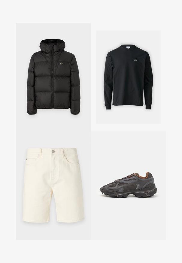 Doudoune noire avec capuche, dotée d'une fermeture éclair, d'un design matelassé et d'un petit logo vert sur la poitrine gauche. Texture lisse et rembourrée.; T-shirt noir à manches longues en coton, avec un col rond et un petit logo de crocodile brodé vert sur la poitrine gauche.; Shorts en denim beige clair avec une coupe classique, dotés de poches avant, de passants de ceinture et d'une fermeture à bouton. Texture lisse avec une couleur unie.; Baskets Lacoste en gris foncé, en matériau mesh et synthétique, avec une semelle texturée et des accents marron sur le col et le branding.