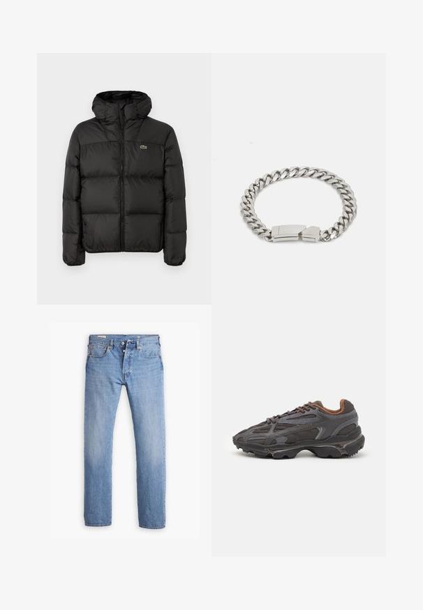 Must must jääpükste jakk kapuutsiga, millel on tõmblukk, tikandiga disain ja väike roheline logo vasakul rinnakorvil. Sile ja polsterdatud tekstuur.; Must musta särk pikad varrukad, valmistatud puuvillast, ümar kaelus ja vasakul rinnal väike rohelise värvi tikandiga krokodillilogoga.; Levi's® 501 ORIGINAL - Sirgete säärtega teksad - smooth cruise cool; Tumed hallid Lacoste tossud, mis on valmistatud võrkkangast ja sünteetilisest materjalist, omavad tekstureeritud talla ning pruune aktsente kaeluse ja brändingu juures.; Calvin Klein ELECTRIC - Käevõru - silver-coloured