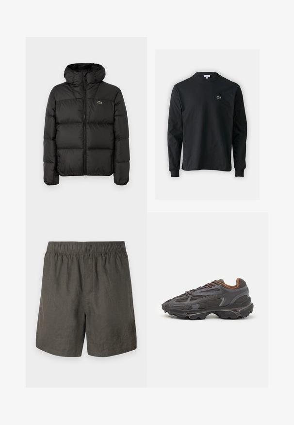 Casaco puffer preto com capuz, apresentando um fecho em zíper, design acolchoado e um pequeno logótipo verde no peito esquerdo. Textura suave e acolchoada.; Camisola preta de manga longa feita de algodão, com decote redondo e um pequeno logótipo de crocodilo bordado em verde no lado esquerdo do peito.; Calções de linho cinza escuro com um cós elástico, apresentando um design simples e corte reto, finalizados com bolsos laterais com racha.; Ténis Lacoste em cinza-escuro com material em malha e sintético, apresentando uma sola texturizada e detalhes castanhos na gola e na marca.