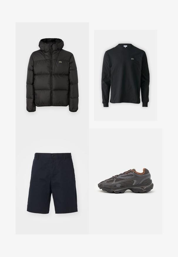 Black puffer jacket with a hood, featuring a zip closure, quilted design, and a small green logo on the left chest. Smooth, padded texture.; Black long-sleeve t-shirt made of cotton, featuring a round neckline and a small green embroidered crocodile logo on the left chest.; Black cotton shorts featuring a flat front, side pockets, a button closure, and a straight leg cut. No visible patterns or accents.; Lacoste sneakers in dark gray with mesh and synthetic material, featuring a textured sole and brown accents on the collar and branding.