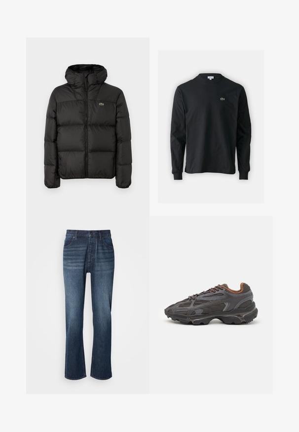 Melnā pūkainā jaka ar kapuci, ar rāvējslēdzēju, kviltotā dizainā un nelielu zaļu logotipu kreisajā krūšu pusē. Gluda, polsterēta tekstūra.; Melna garām piedurknēm t-krekls, izgatavots no kokvilnas, ar apaļu kakla izgriezumu un mazu zaļu izšūtu krokodila logo kreisajā krūtī.; Džinsi ar taisnu kāju dizainu, vidēji izbalējuši, piecu kabatu stils un pogu aizdare. Audumam ir gluda tekstūra ar nelielu izbalējumu.; Lacoste kedas tumši pelēkā krāsā ar acu audumu un sintētisko materiālu, ar teksturētu zoli un brūniem akcentiem apkaklītē un zīmola uzrakstā.