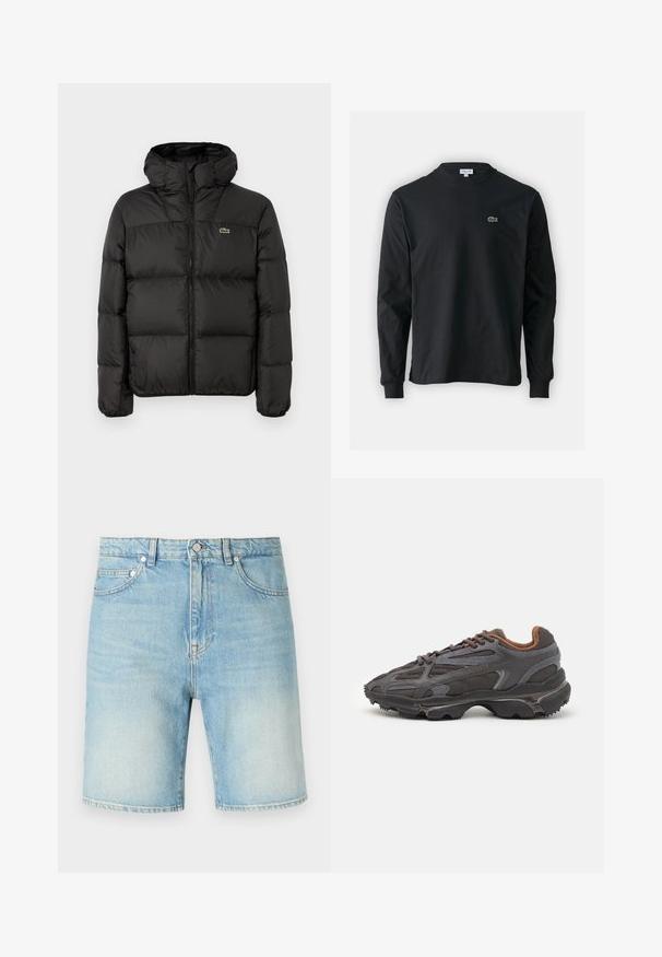 Juodas pūkinis džemperis su kapišonu, su užtrauktuku, siuvinėtas dizainas ir mažas žalias logotipas kairėje krūtinės pusėje. Sklandus, paminkštintas paviršius.; Juodas ilgomis rankovėmis marškinėliai iš medvilnės, turintys apvalią iškirptę ir mažą žalią išsiuvinėtą krokodilo logotipą kairėje krūtinės pusėje.; Šviesiai mėlyni džinsiniai šortai su klasikinio penkių kišenių dizainu, sagties uždarymu ir šiek tiek nusidėvėjusia audinio tekstūra.; Lacoste sportbačiai tamsiai pilki, pagaminti iš tinklinės ir sintetinių medžiagų, su tekstūruotu padu ir rudomis detalėmis ant apykaklės bei prekės ženklo.